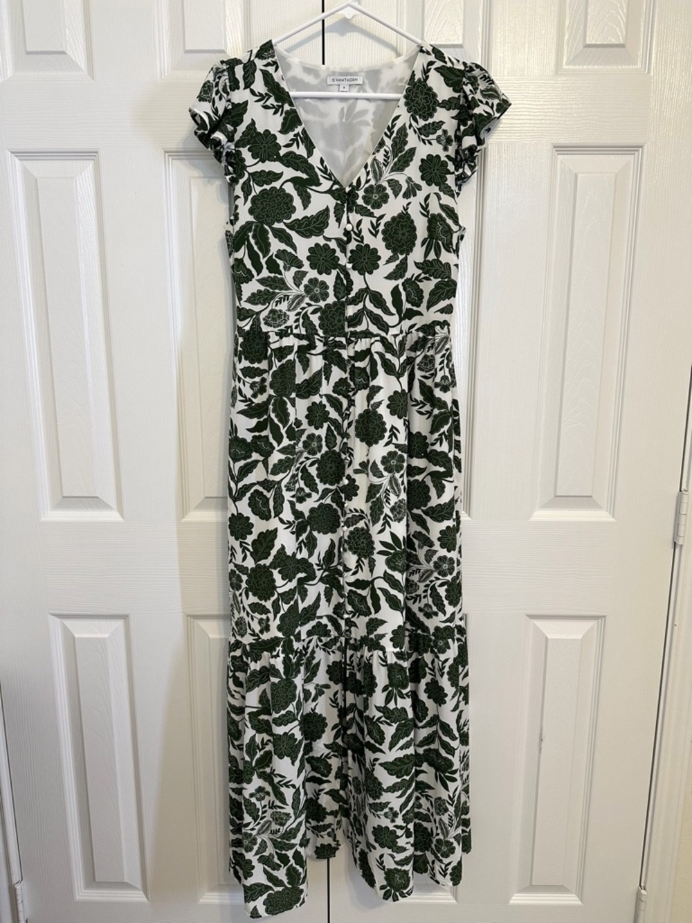 41Hawthorn Womens Medium Green Floral Maxi Dress V-Neck Buttons Pockets Anthro